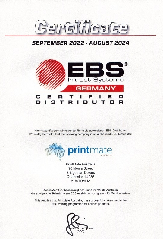 EBS Ink jet system certified distributor Australia